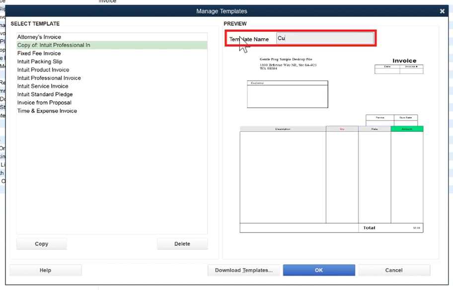 quickbooks new invoice template