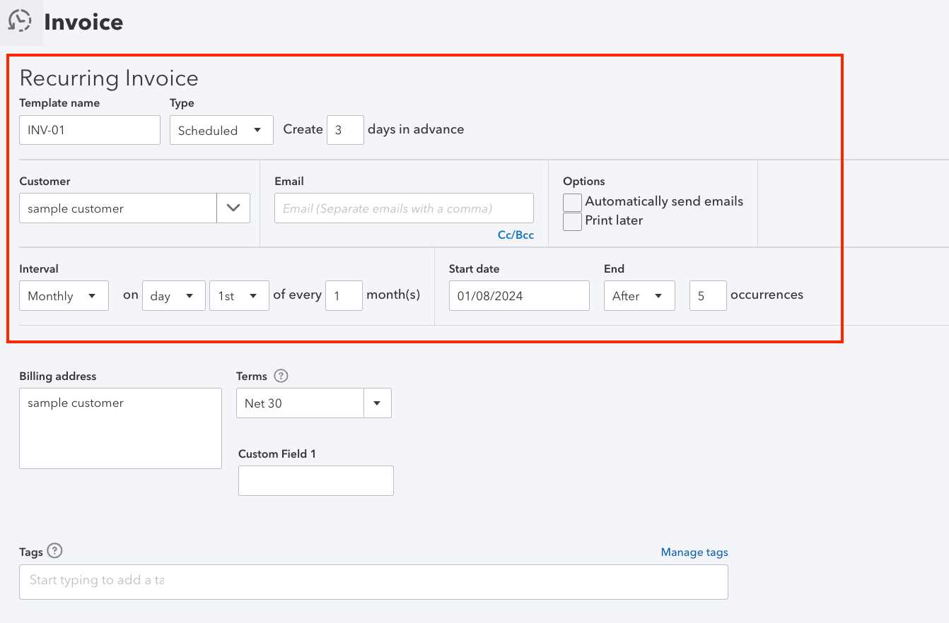 quickbooks recurring invoice template