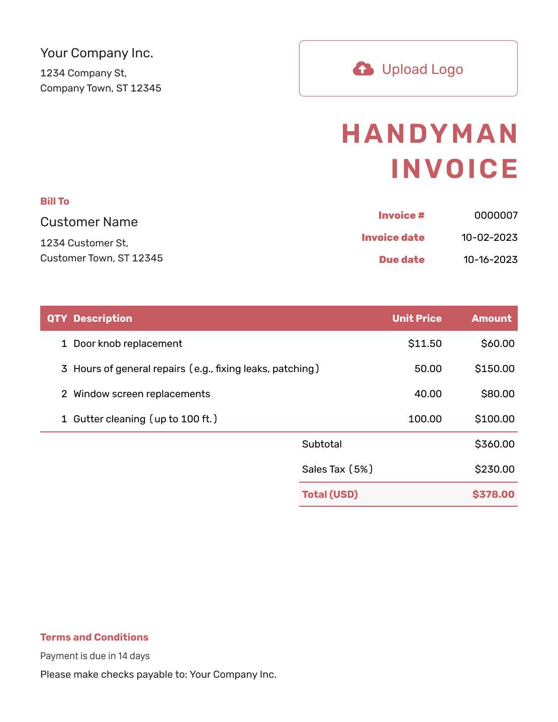 printable handyman invoice template