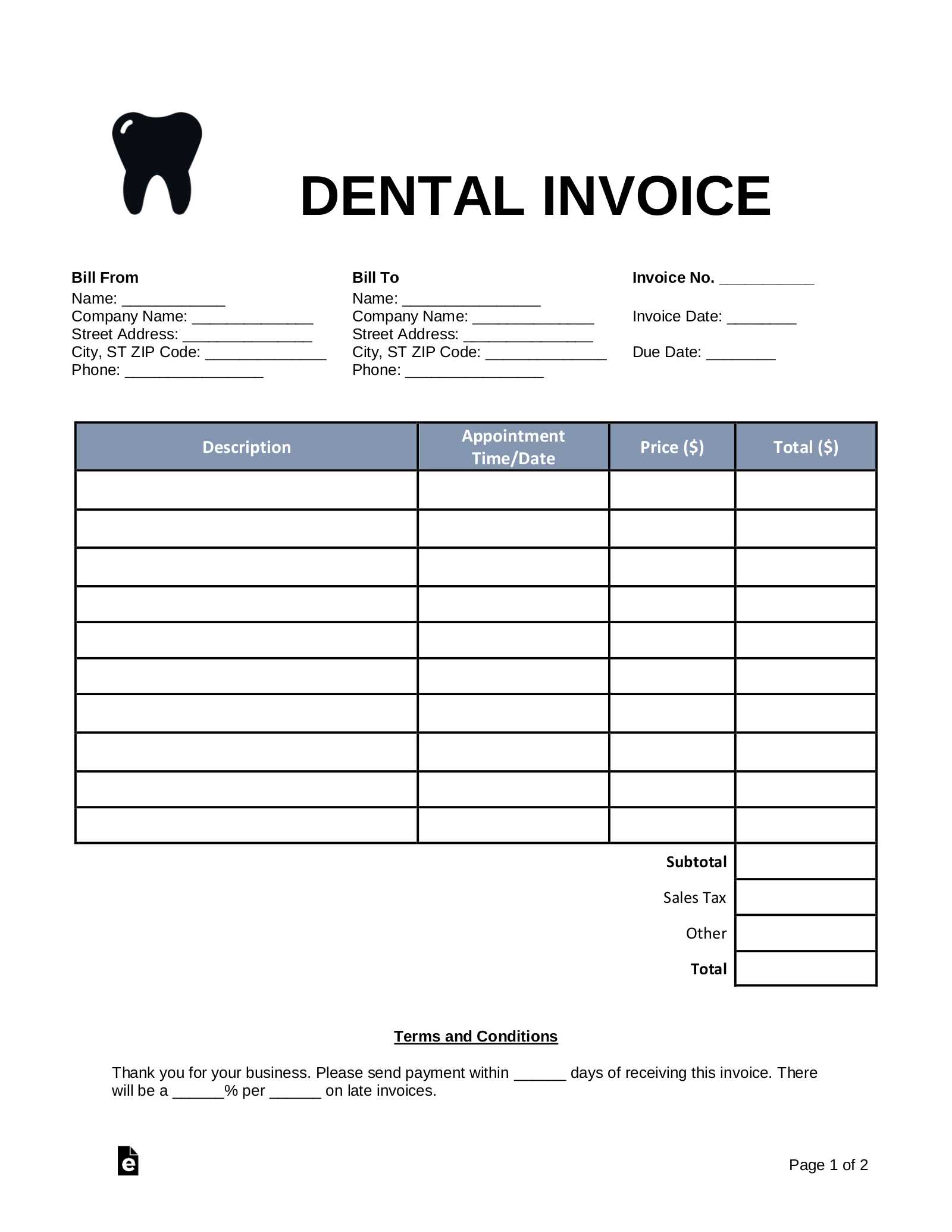 dental invoice template excel