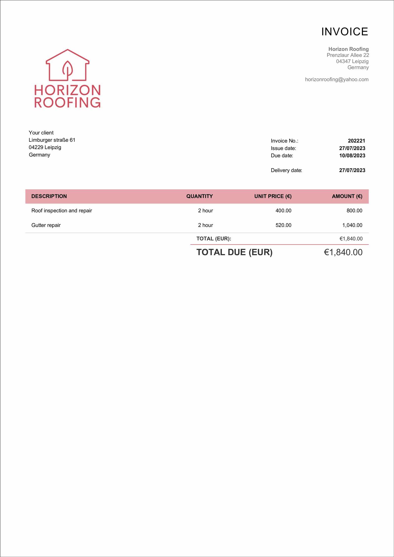 roof repair invoice template