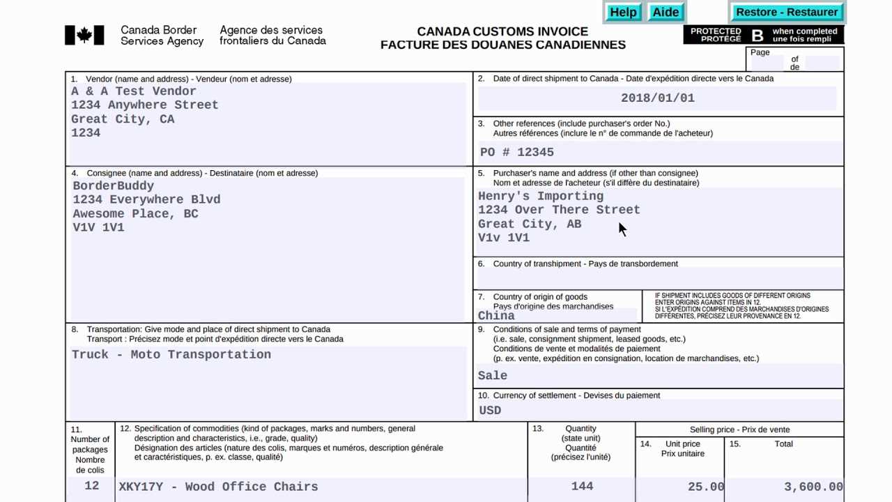 commercial invoice template canada to us