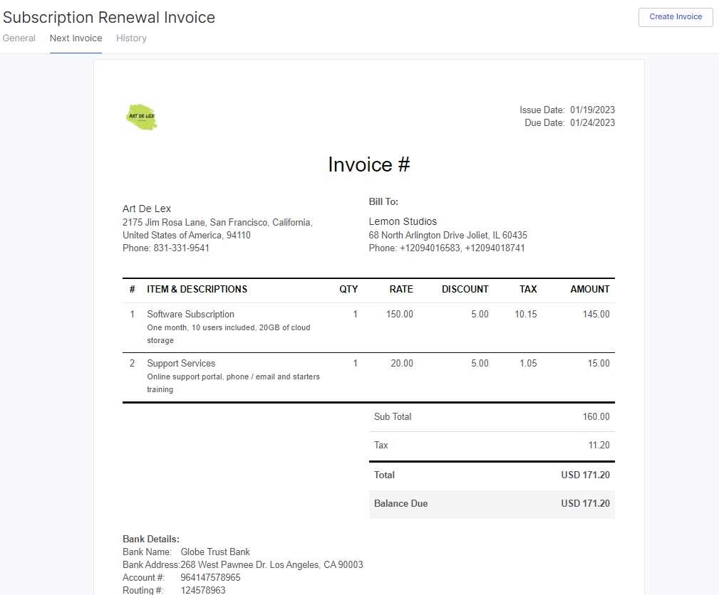 monthly payment invoice template