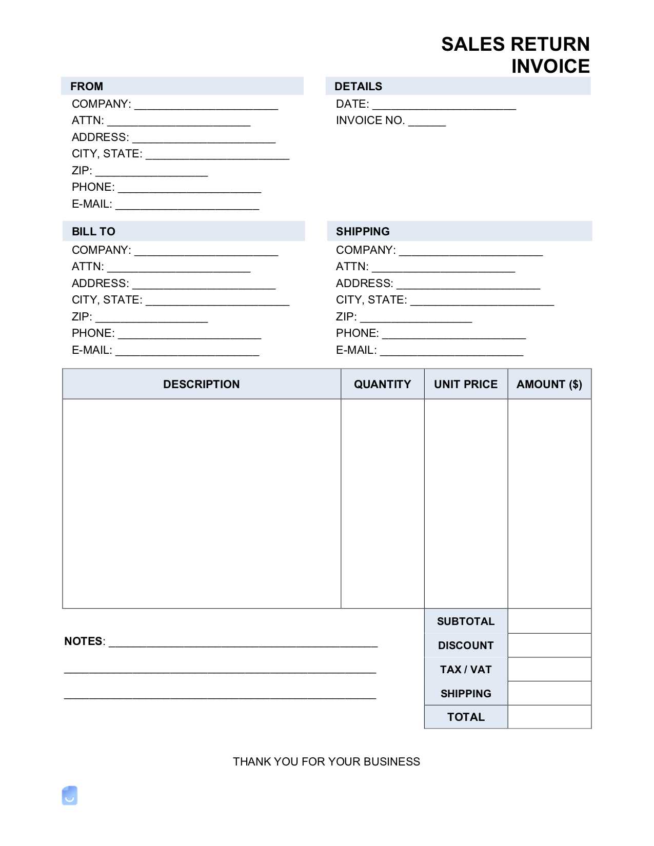 sales return invoice template