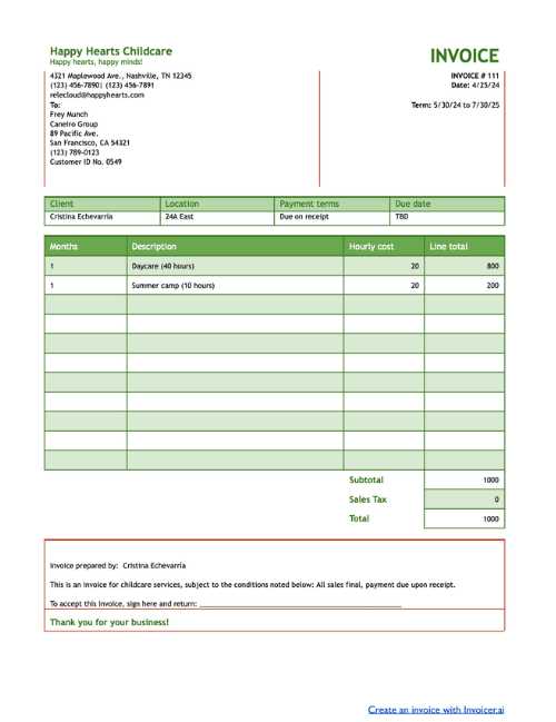 child care invoice template free
