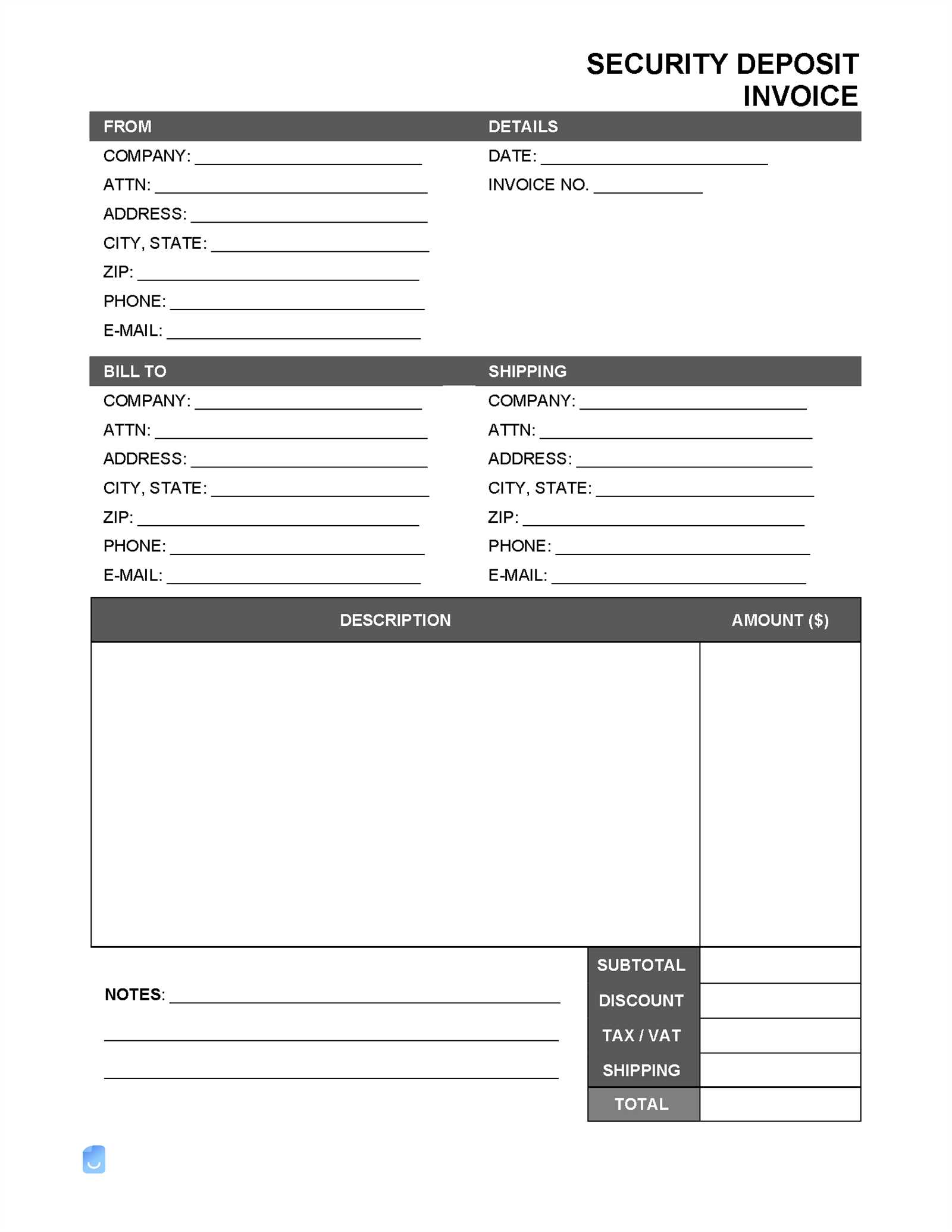 security deposit invoice template