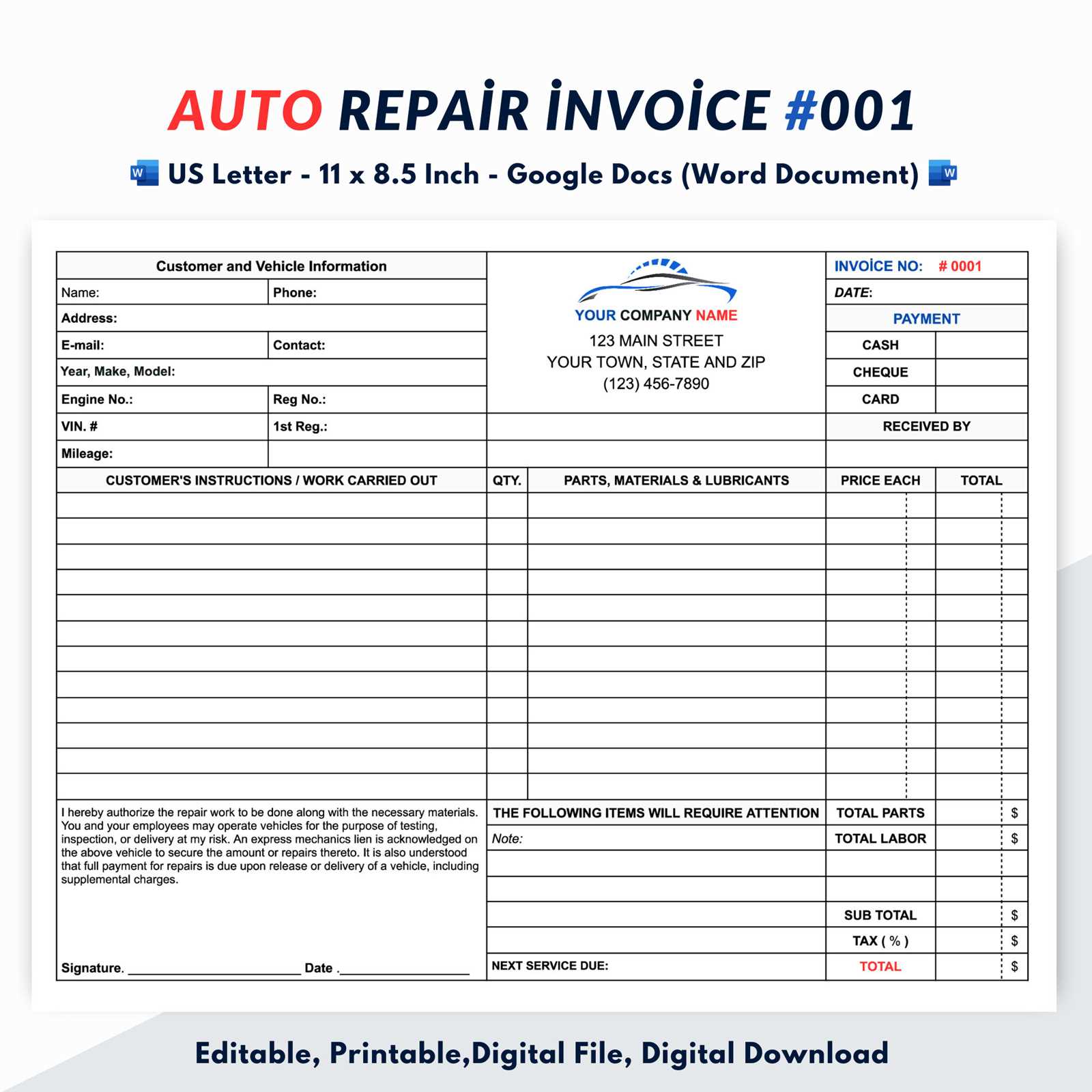 windshield repair invoice template