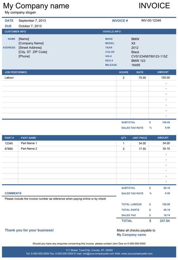 auto repair invoice template microsoft office