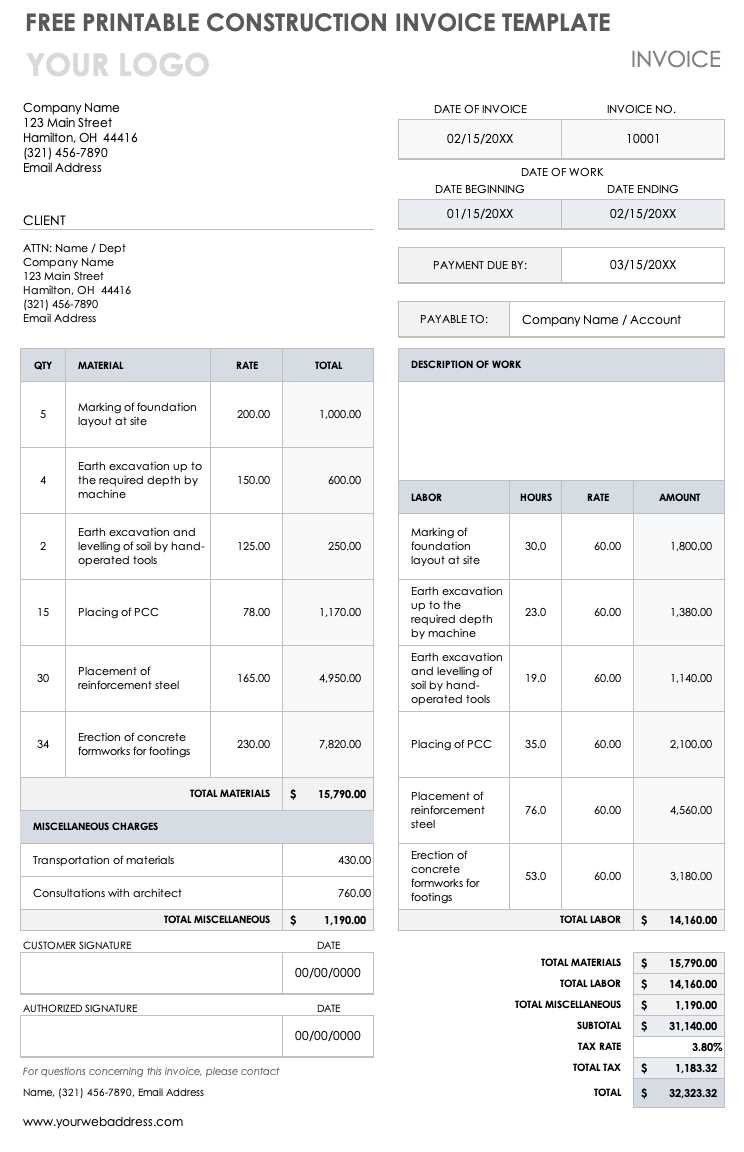 sub contractor invoice template