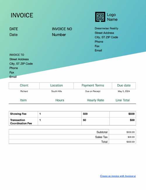 invoice template for real estate commission