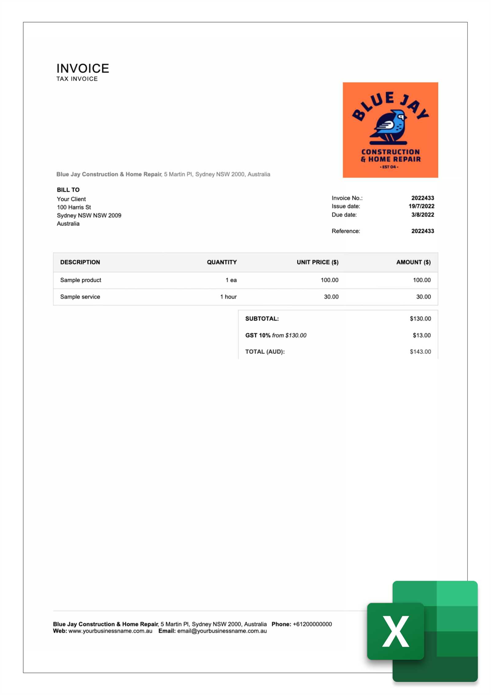 tax invoice template excel australia