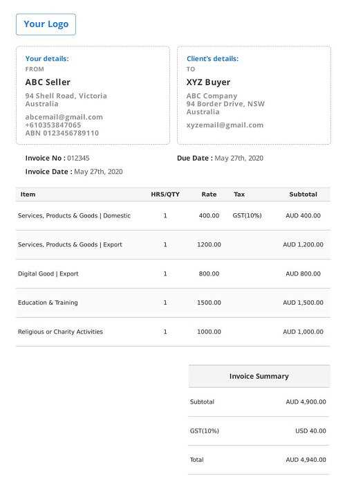 tax invoice template excel australia