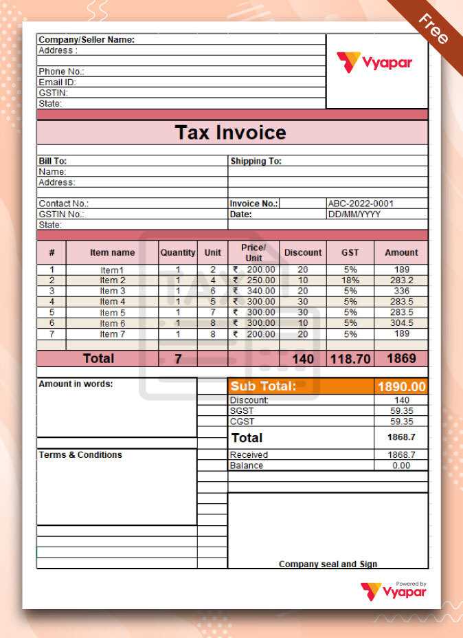 tax invoice template excel