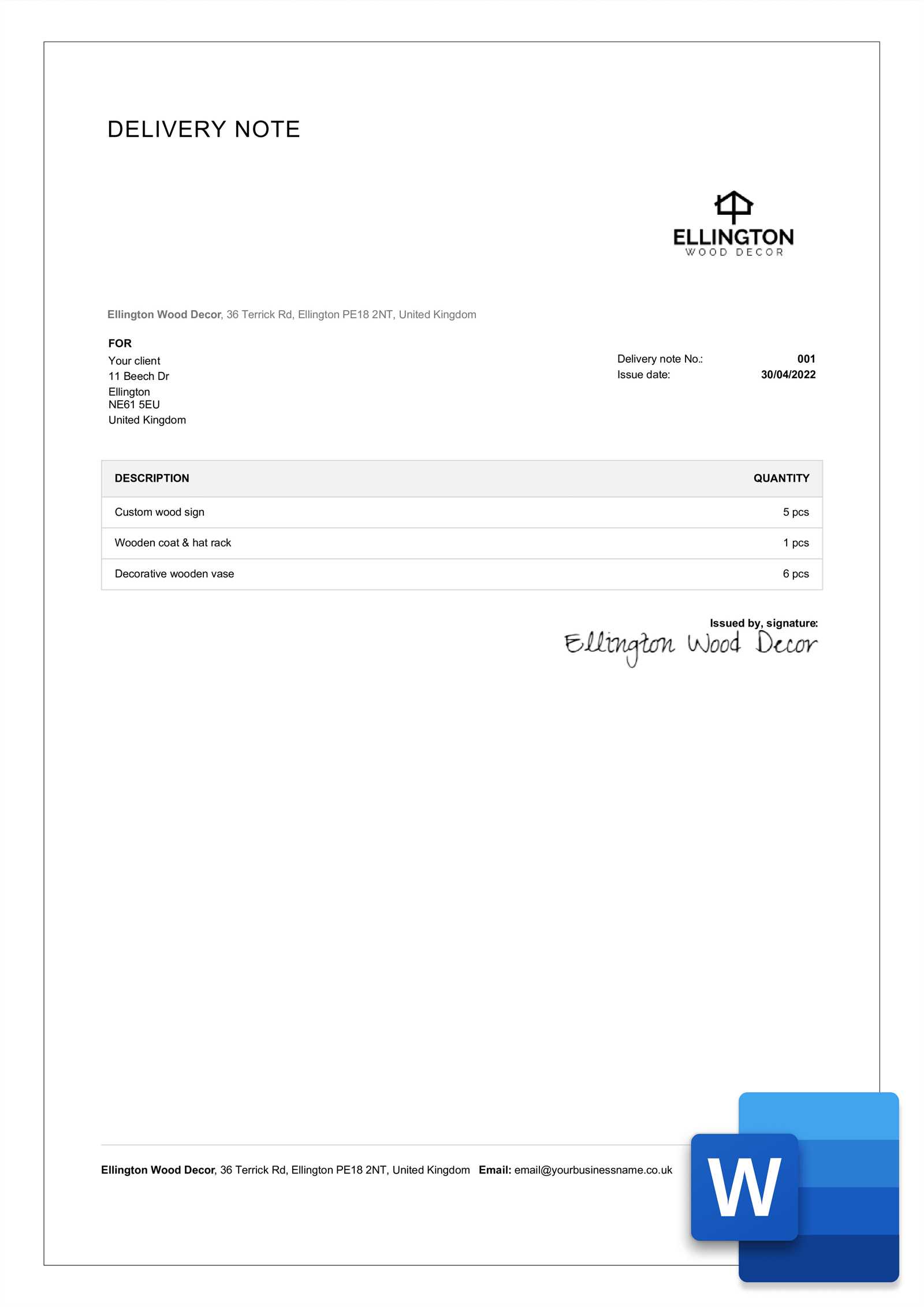 delivery invoice template free