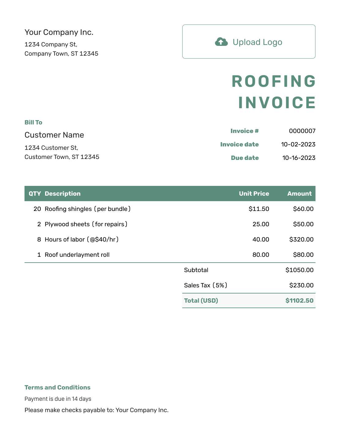 free roofing invoice template