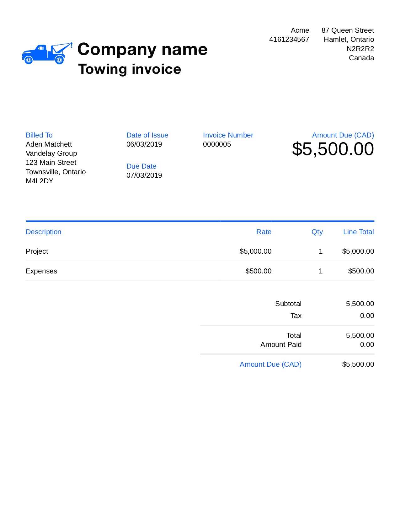 towing invoice template free