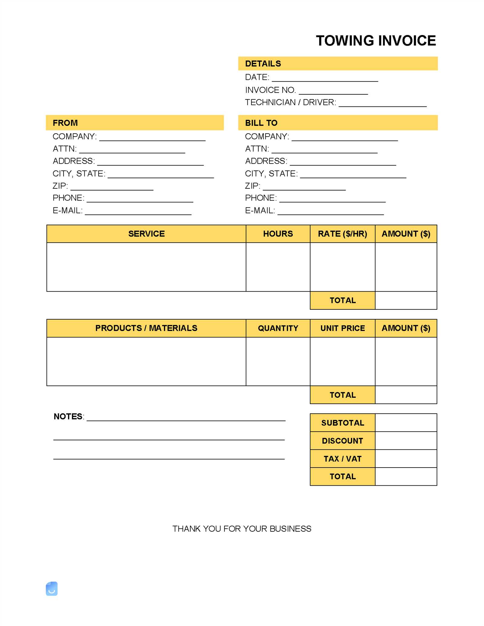 towing invoice template free