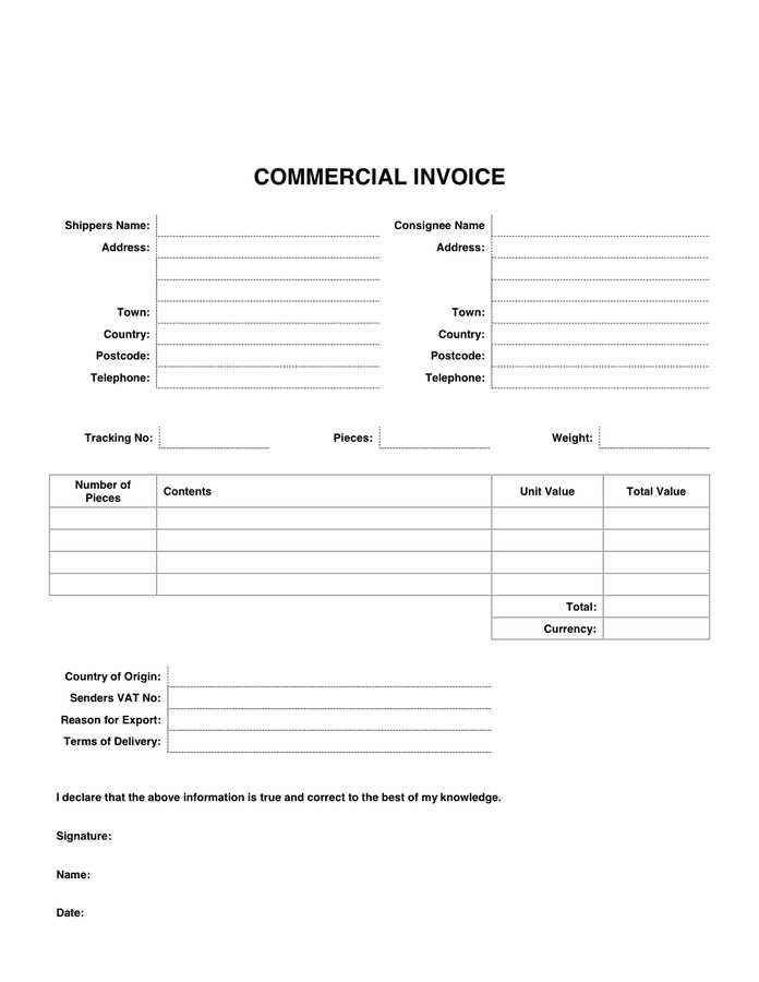 export commercial invoice template