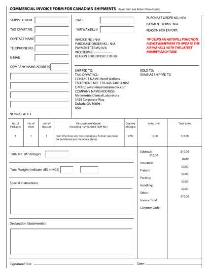 u.s. customs invoice template