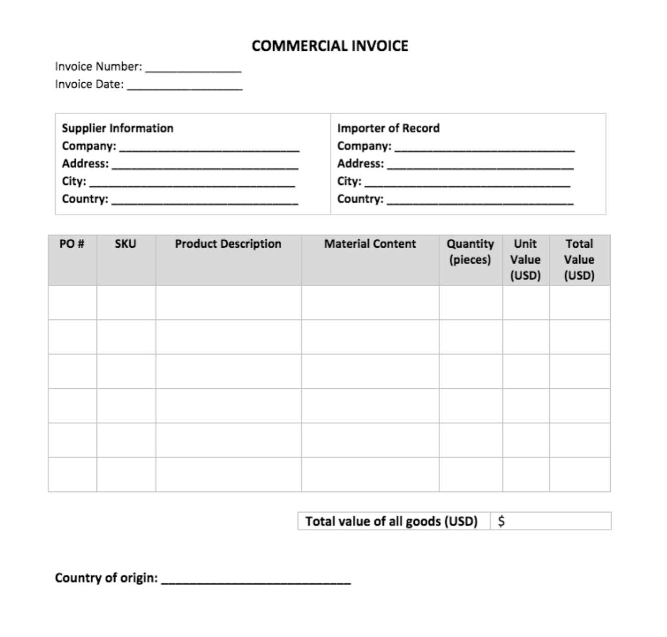 u.s. customs invoice template