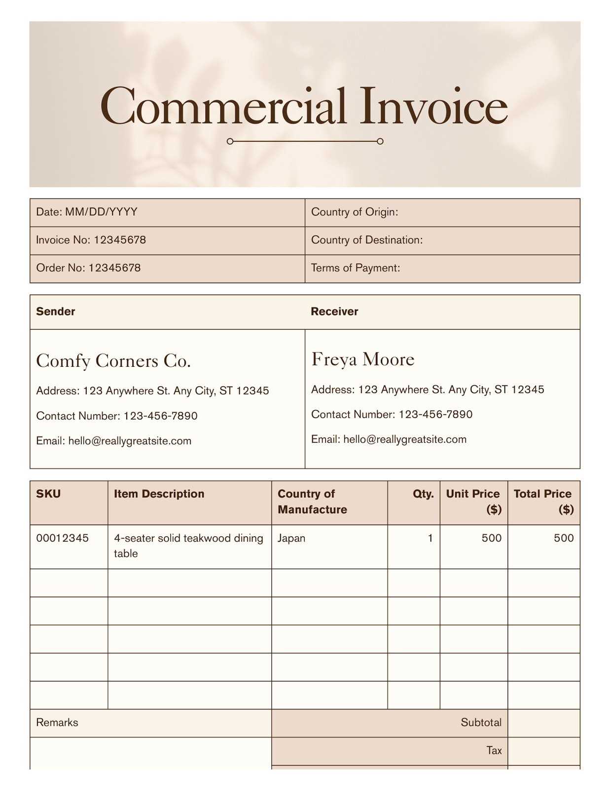 u.s. customs invoice template