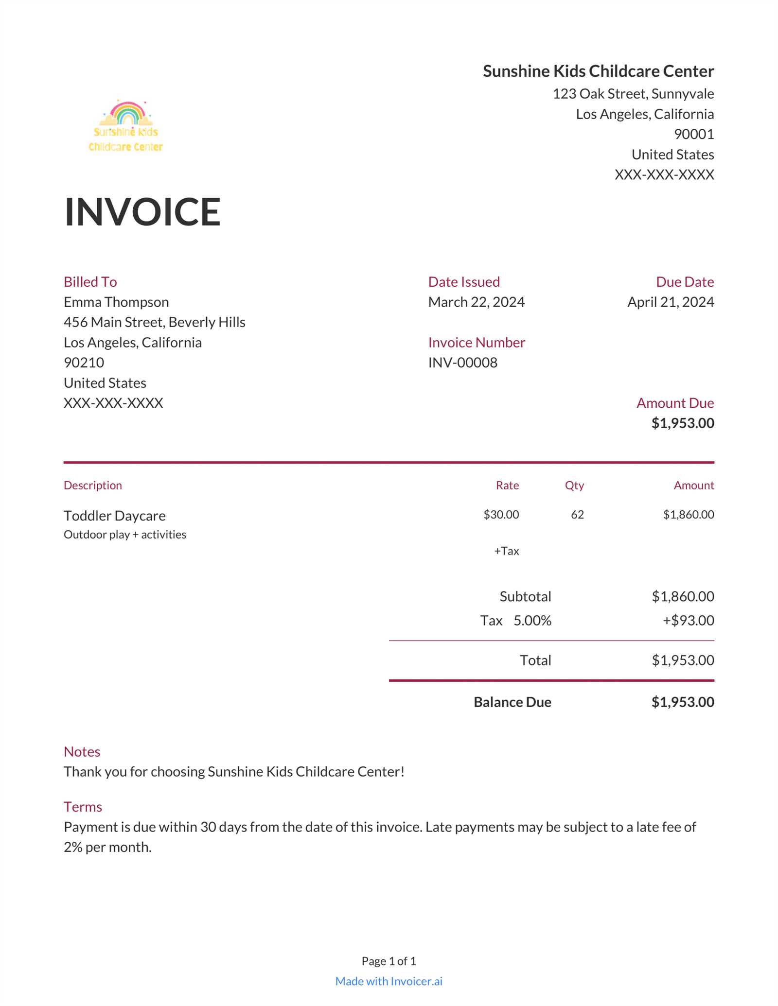 daycare invoice template word