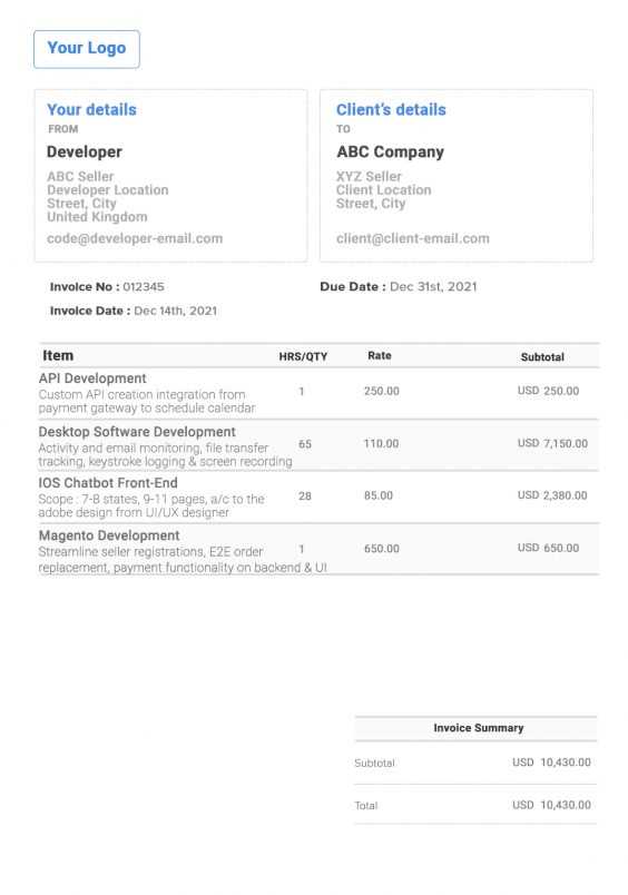 freelance software developer invoice template