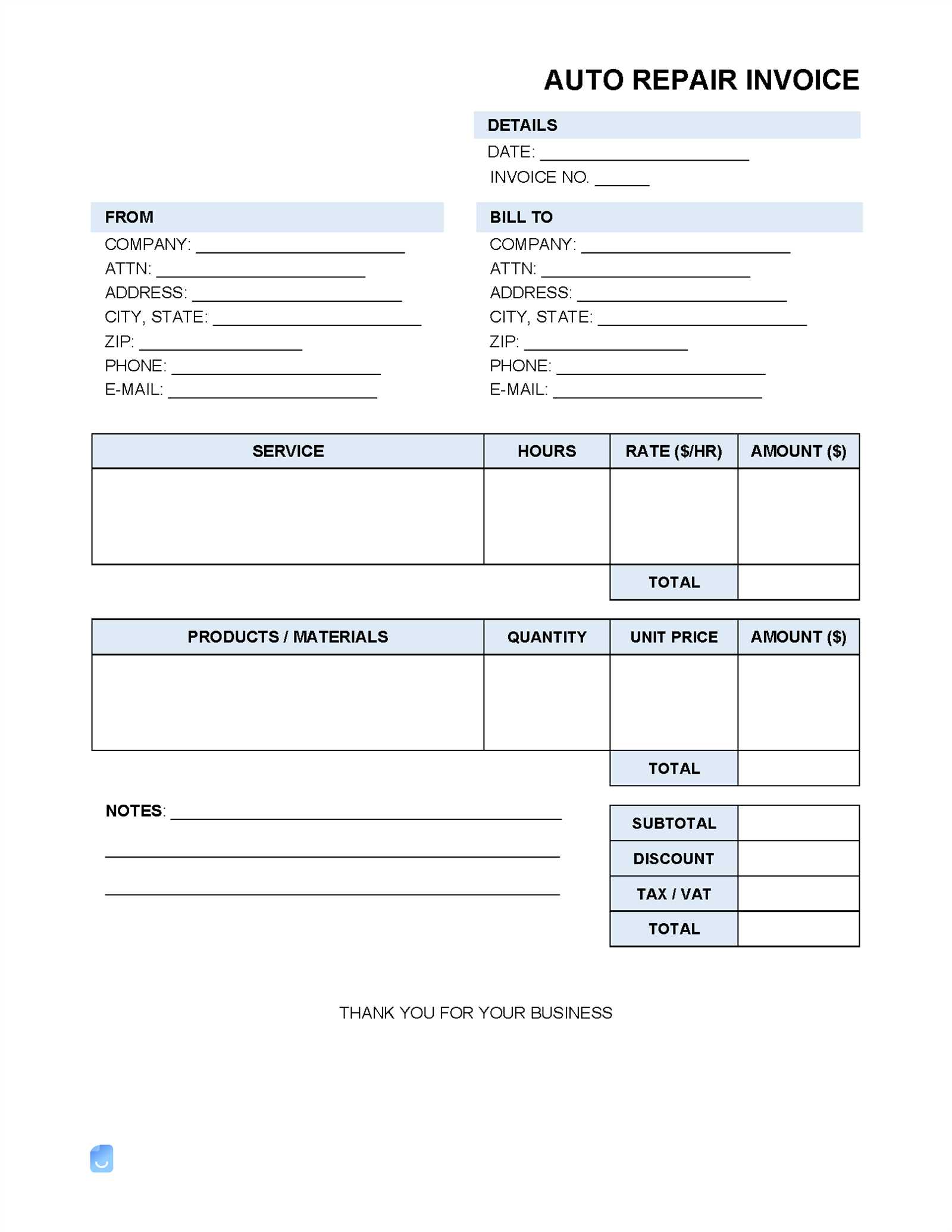quickbooks auto repair invoice template