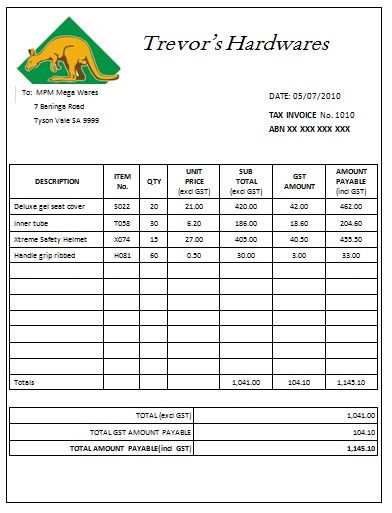 excel tax invoice template australia