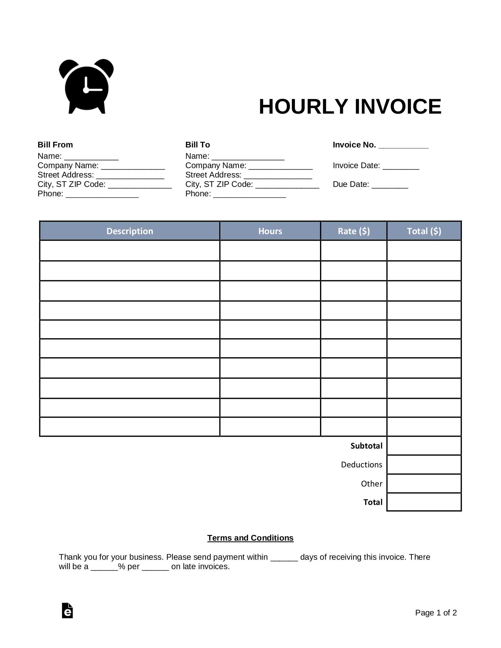 hourly invoice template free