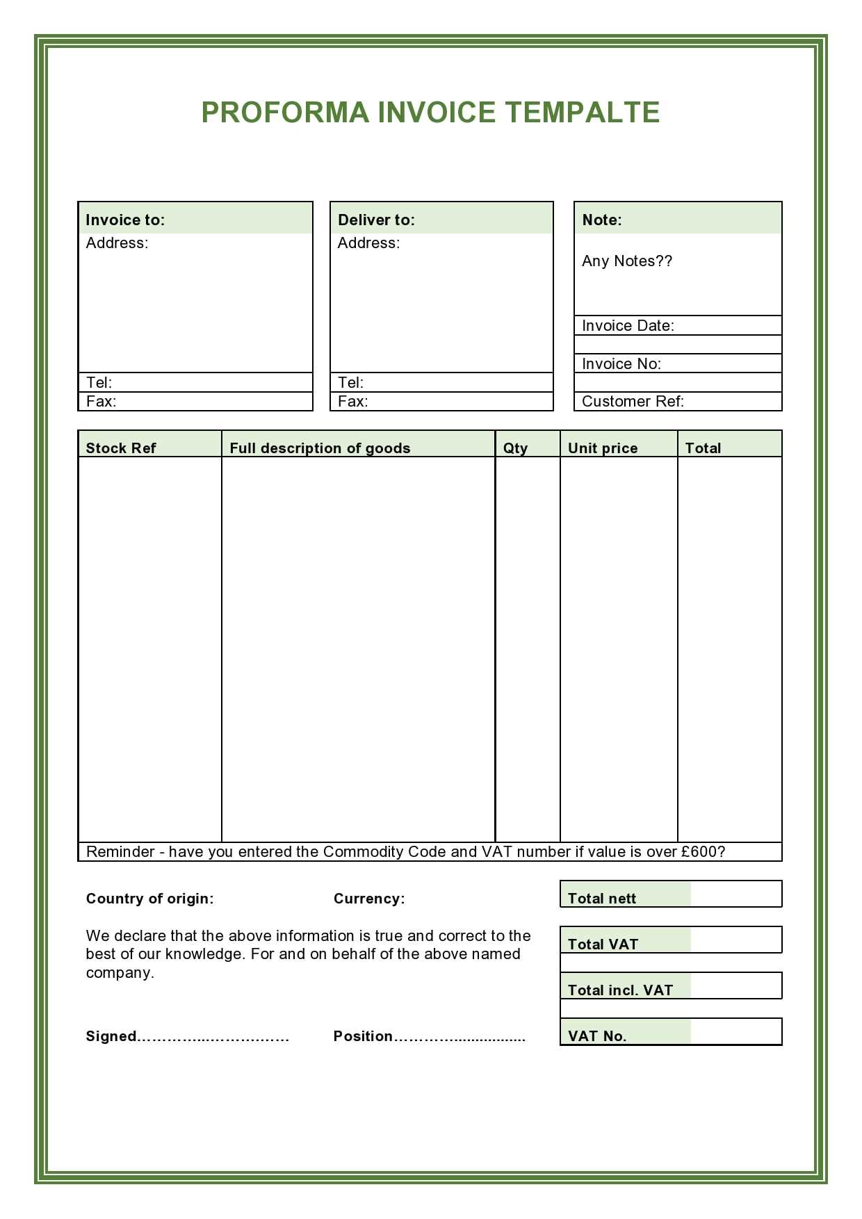 excel proforma invoice template