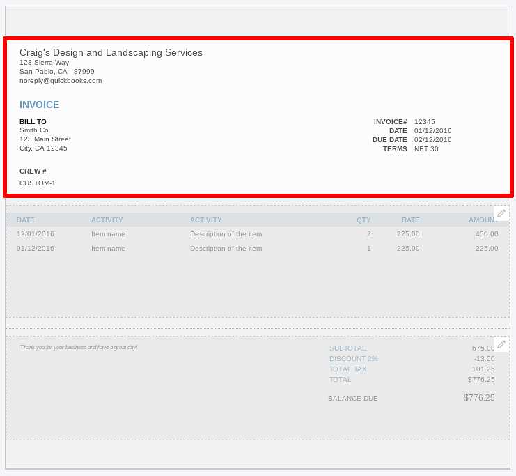 quickbooks online template invoice