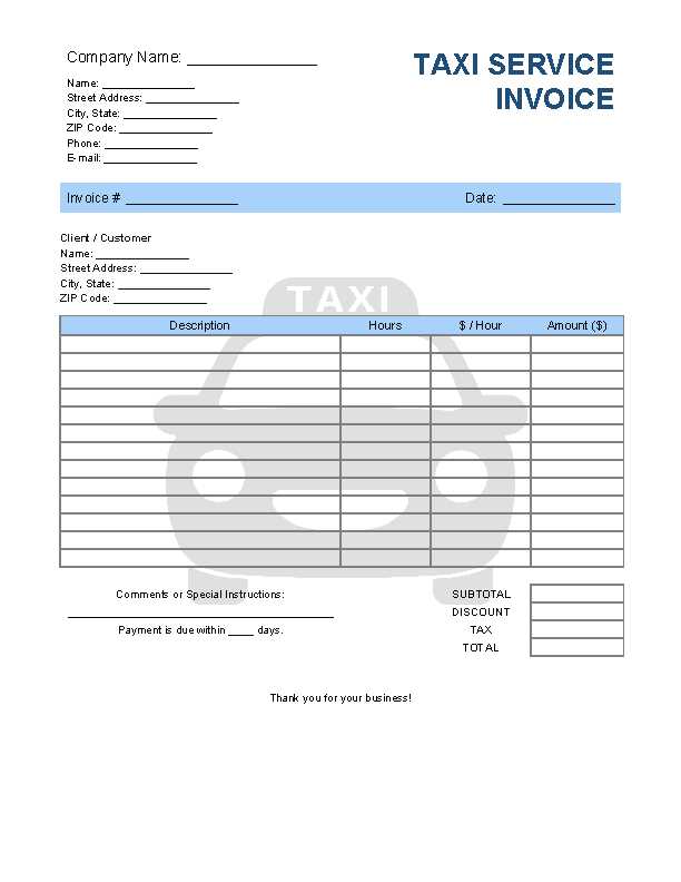 taxi invoice template excel