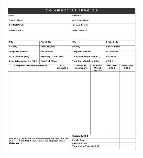 commercial invoice template pdf fillable