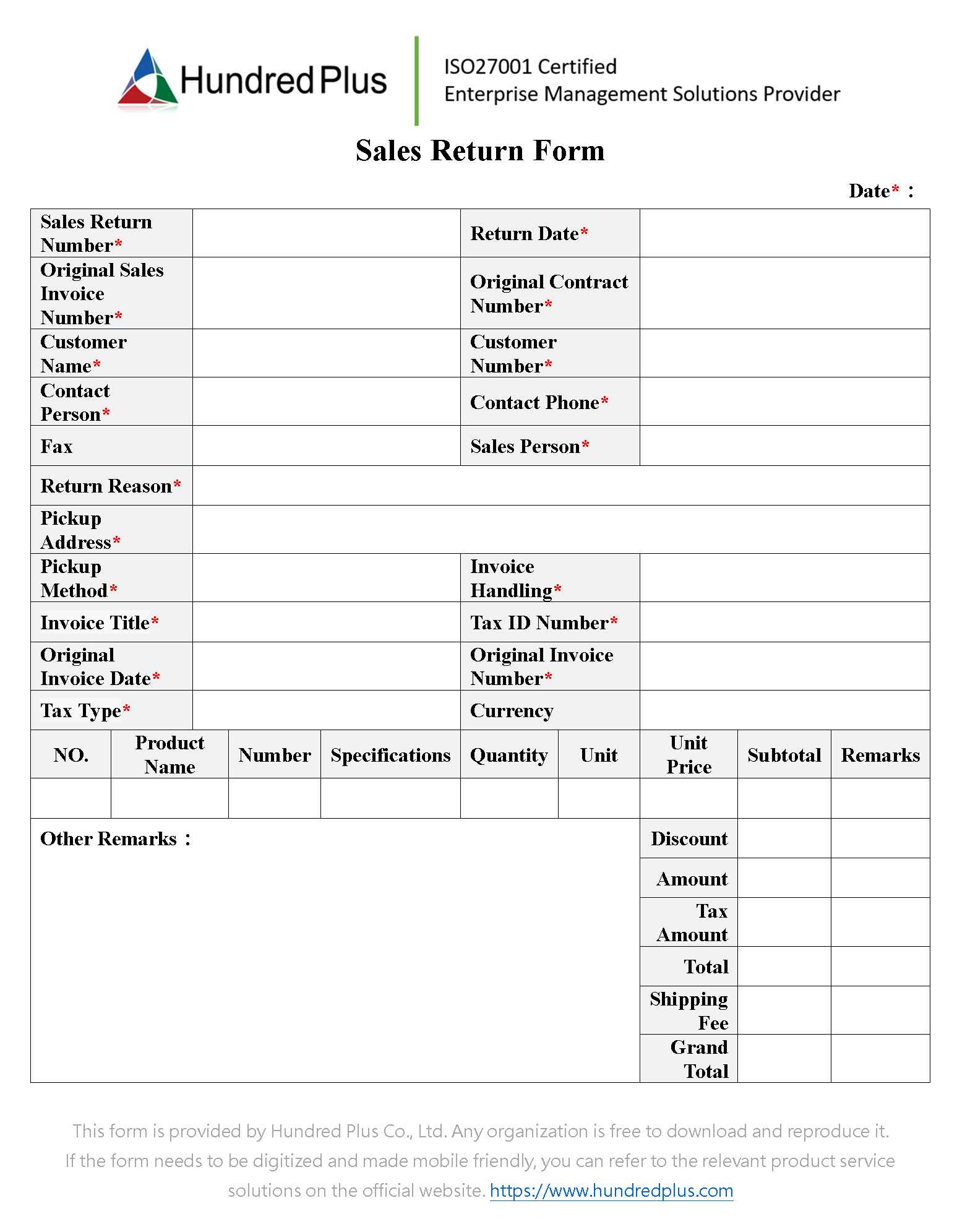 sales return invoice template