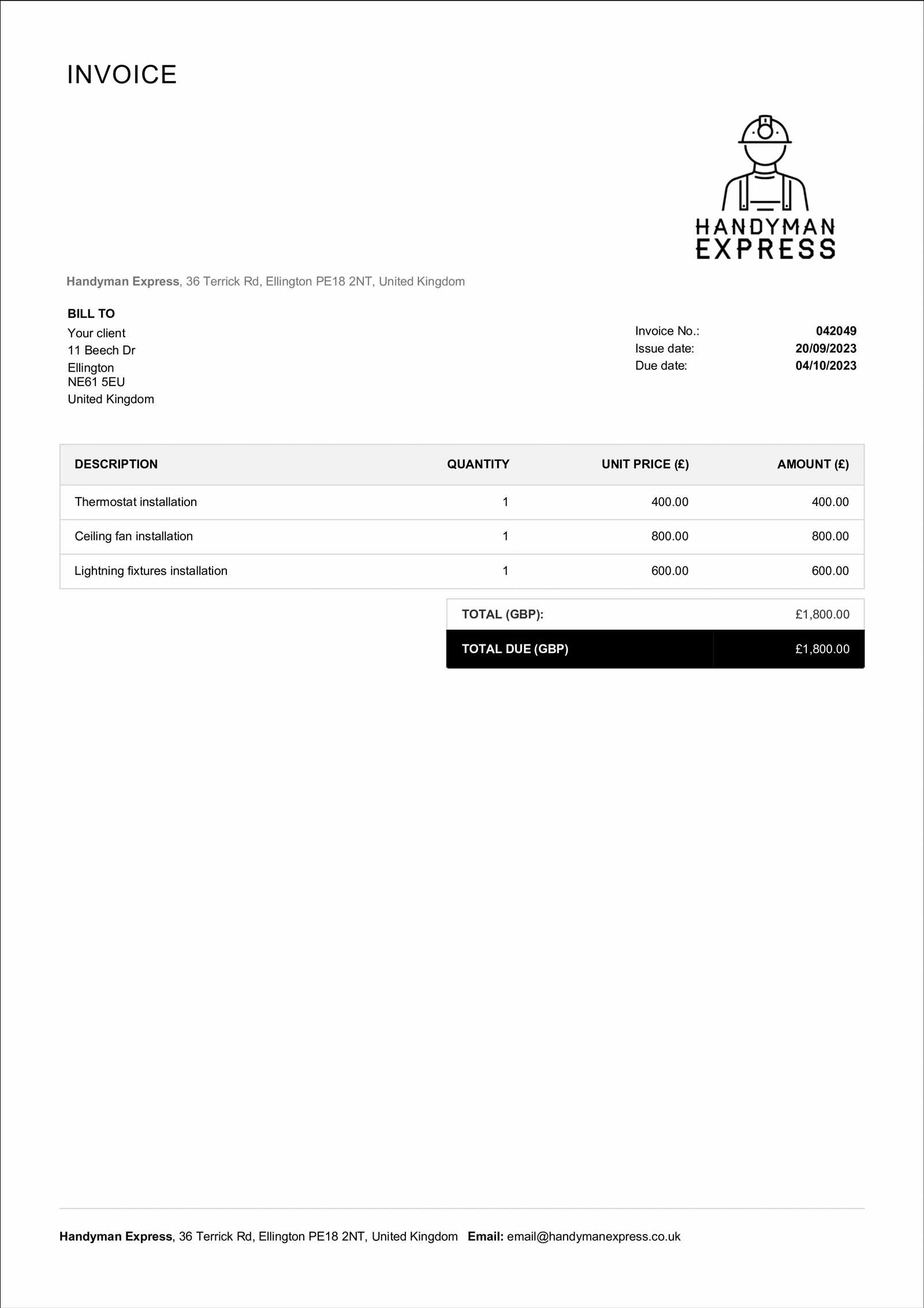 handyman invoice template xls