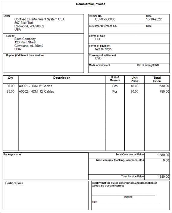 u.s. customs invoice template