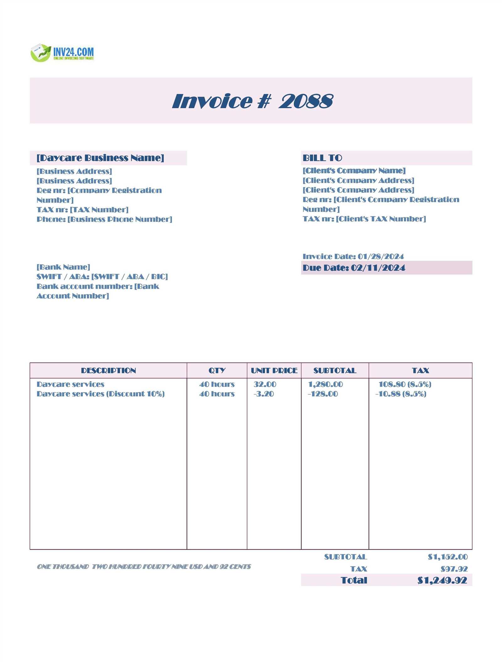 babysitting invoice template