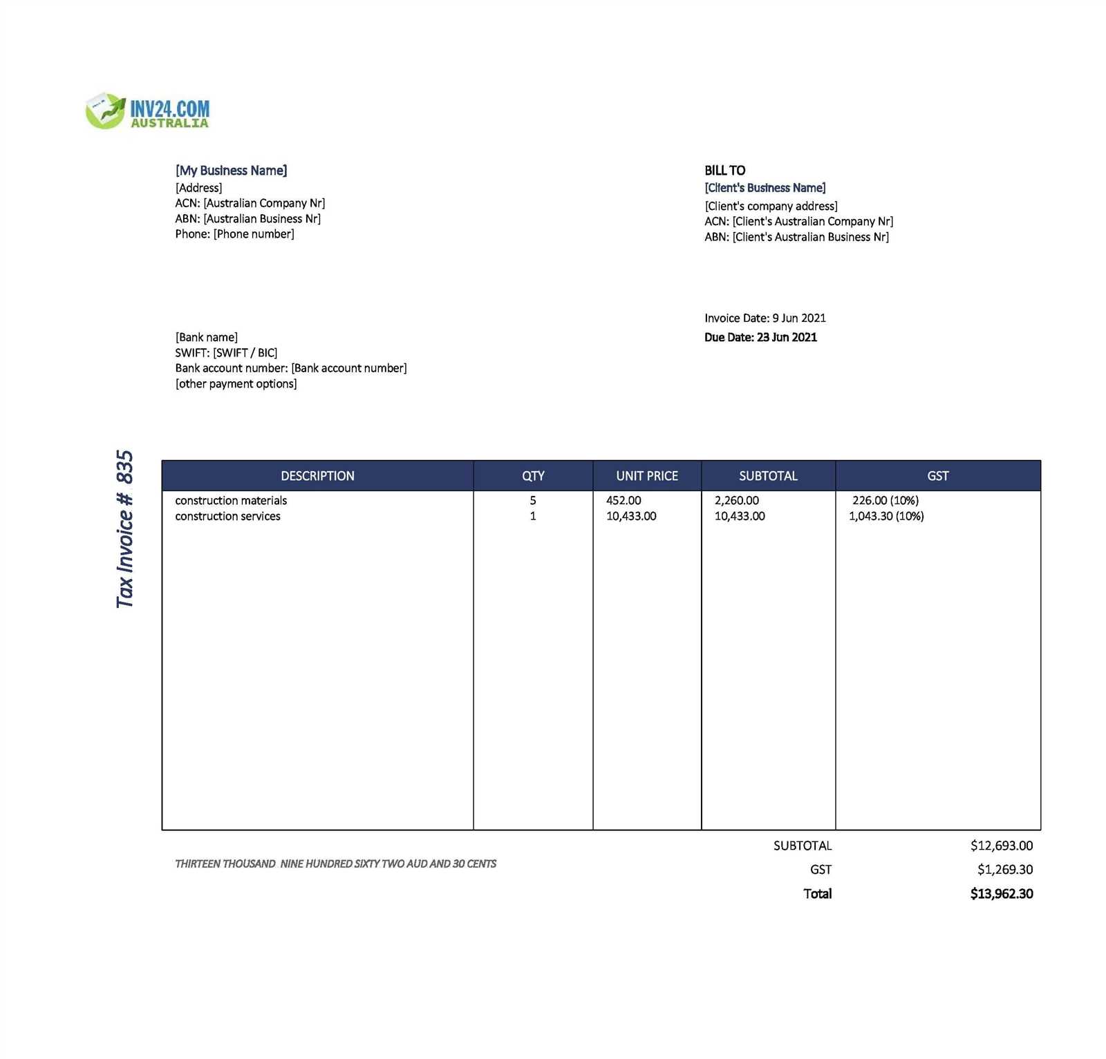 free tax invoice template australia