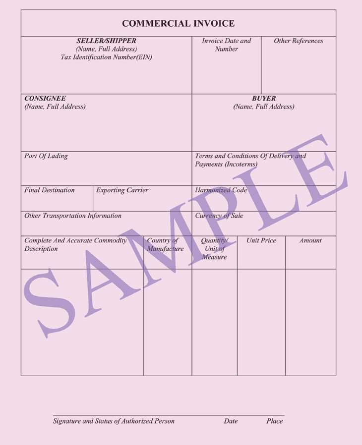 sample commercial invoice template