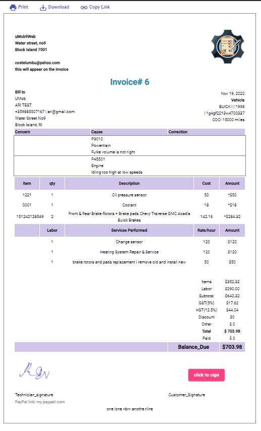 quickbooks automotive invoice template