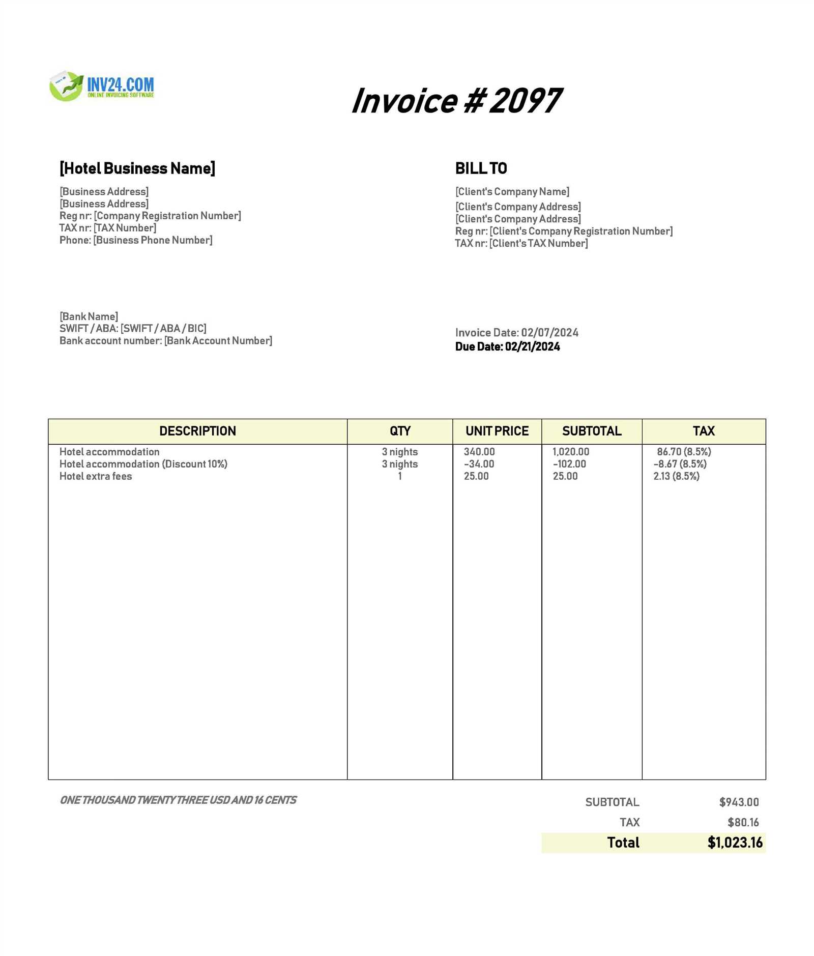 lodging invoice template