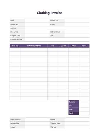 clothing invoice template