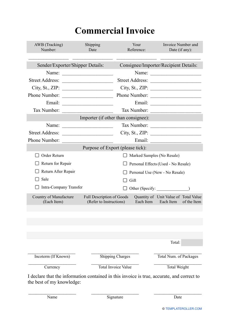 ups customs invoice template