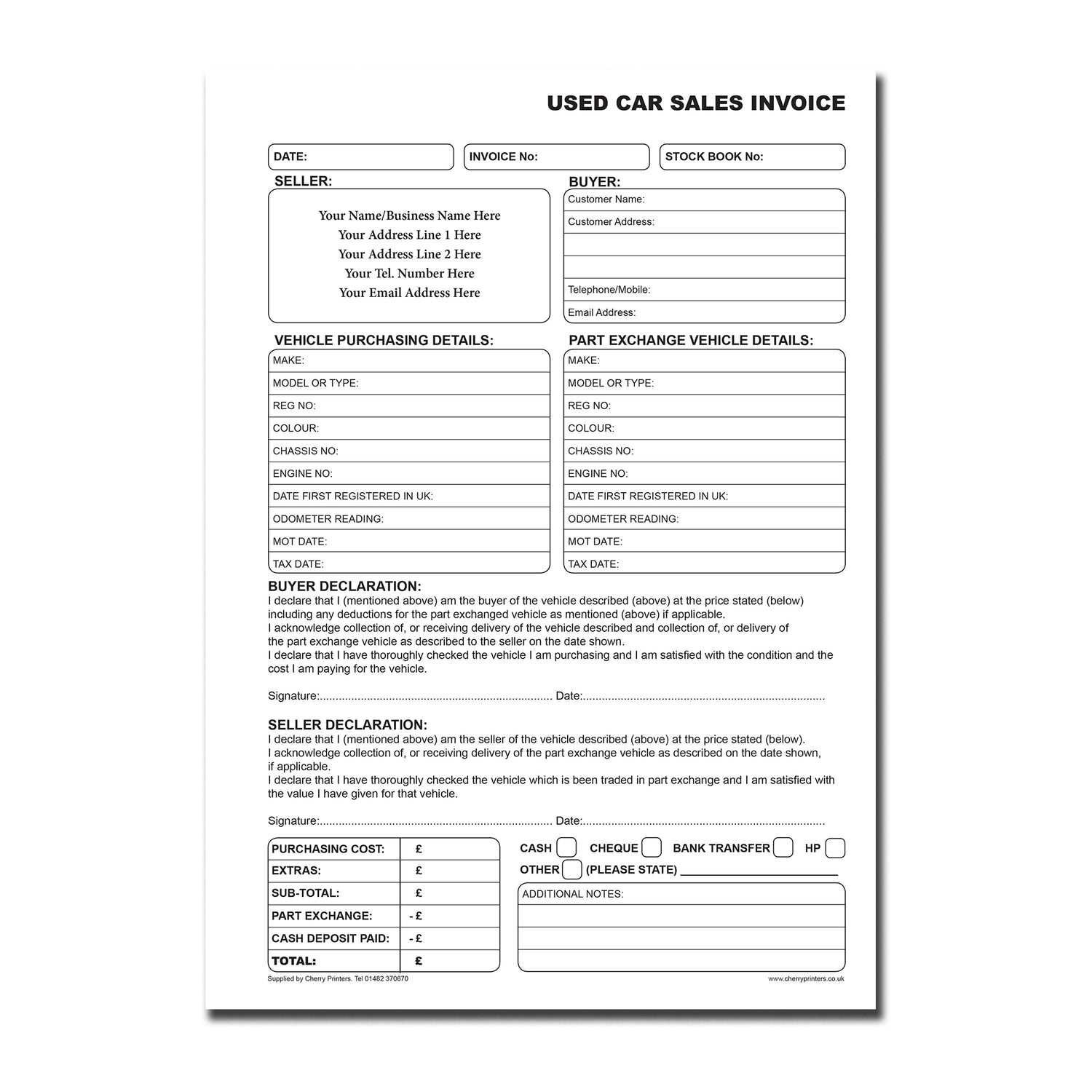 used car invoice template free uk