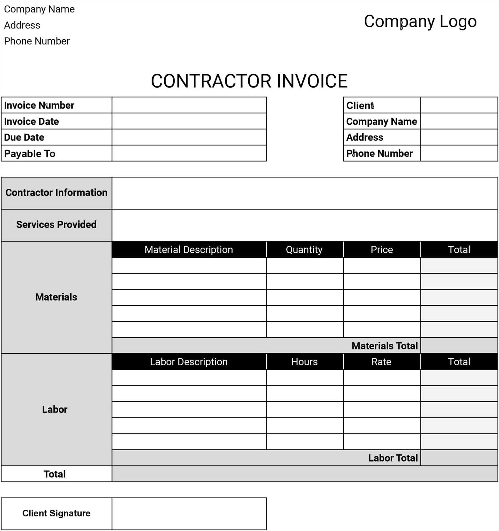 subcontractor invoice template