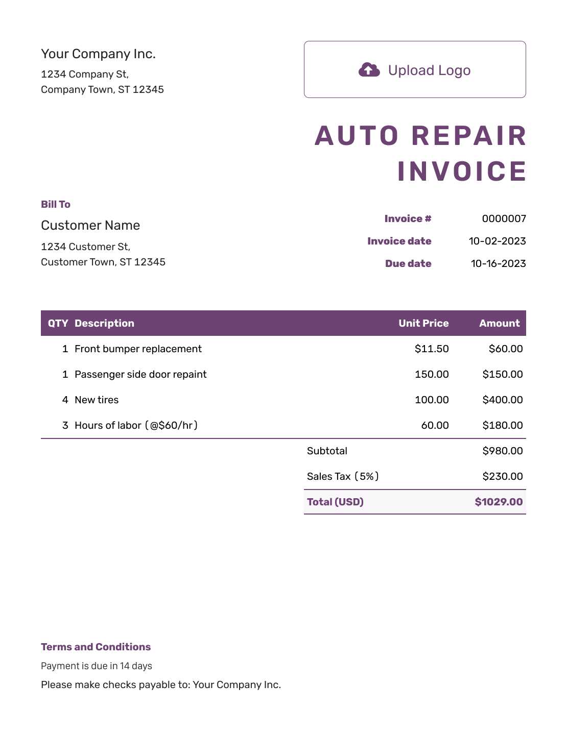 repair invoice template word