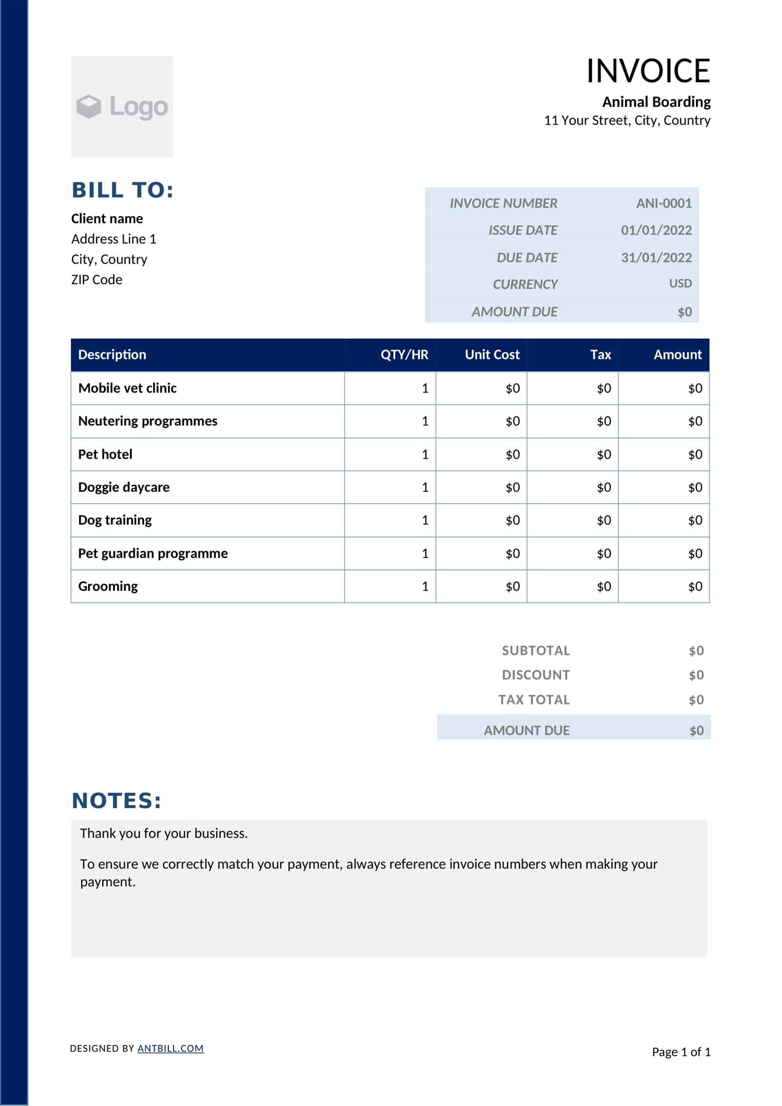 veterinary invoice template