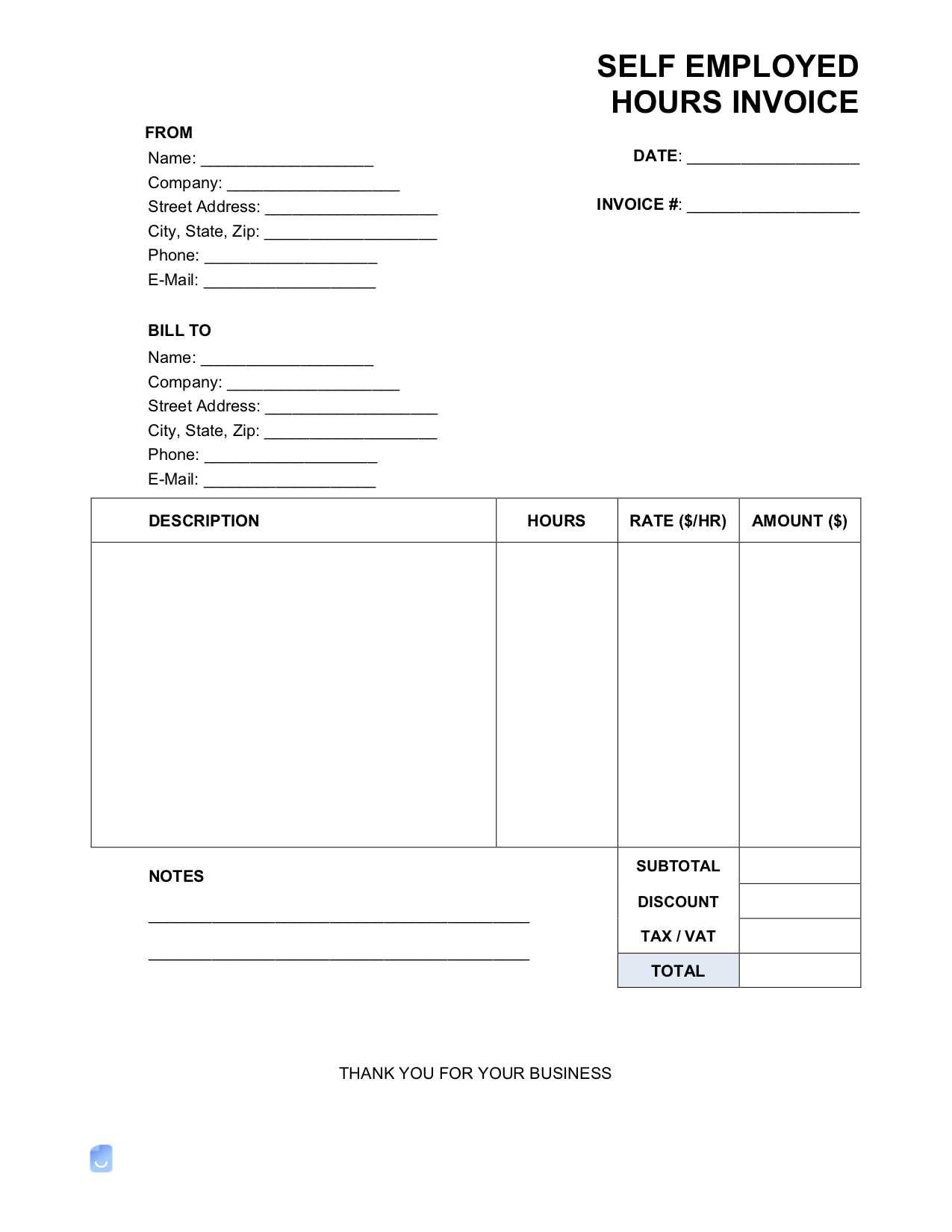 self employed hours invoice template