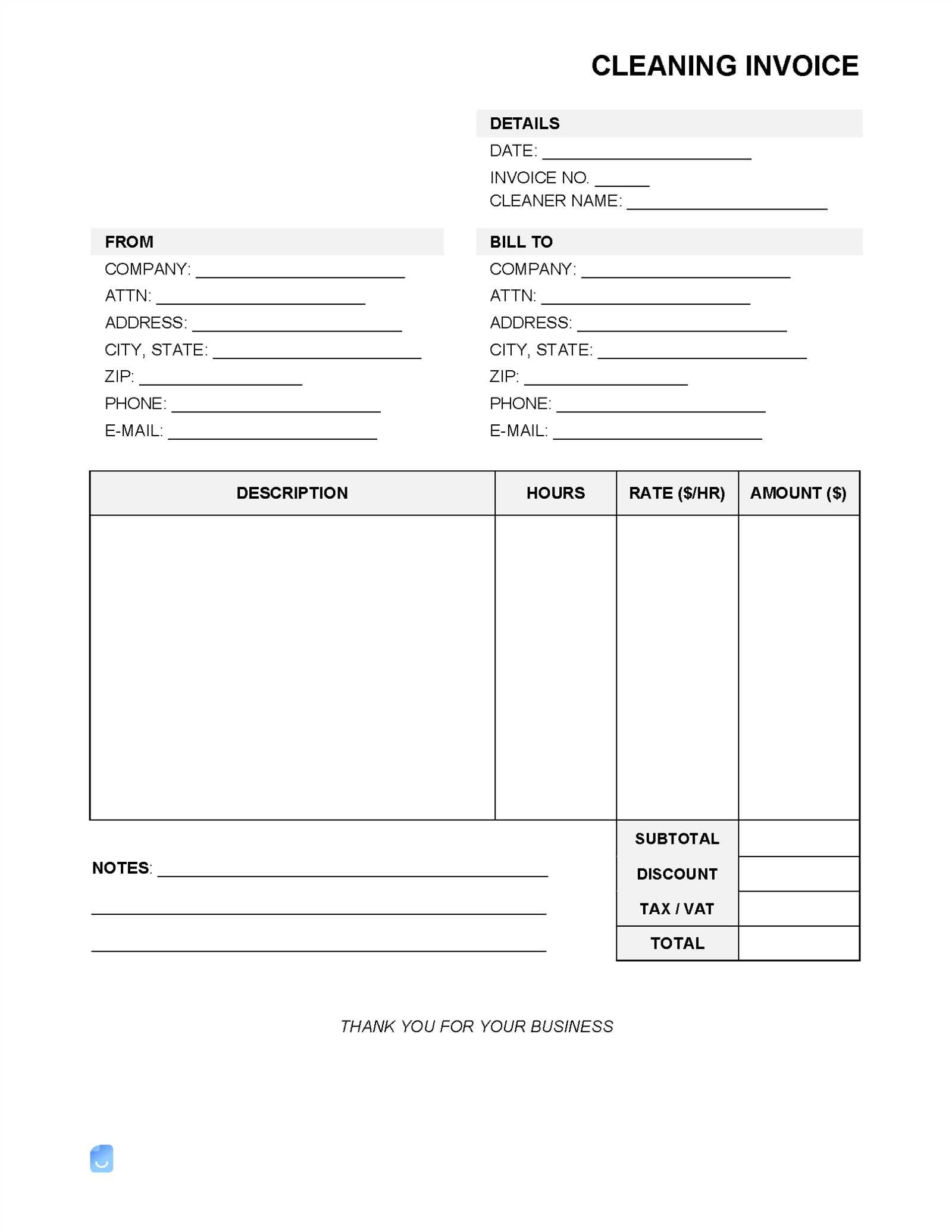 blank cleaning invoice template